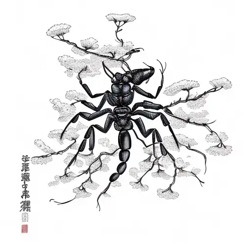 A Scorpion As The Tree Stump Foundation Of A Cherry Blossom Tree Blowing In The Wind