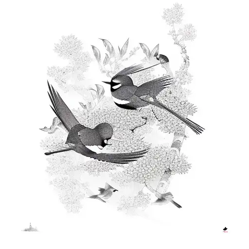 Incorporate Birds And Japanese Culture Into An Abstract Nature Scene