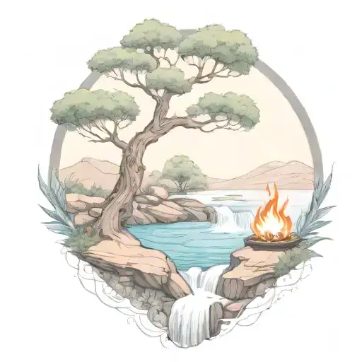 A River With A Campfire And A Rowan Berry Tree On Either Side Of It Waterfalls Down The Front