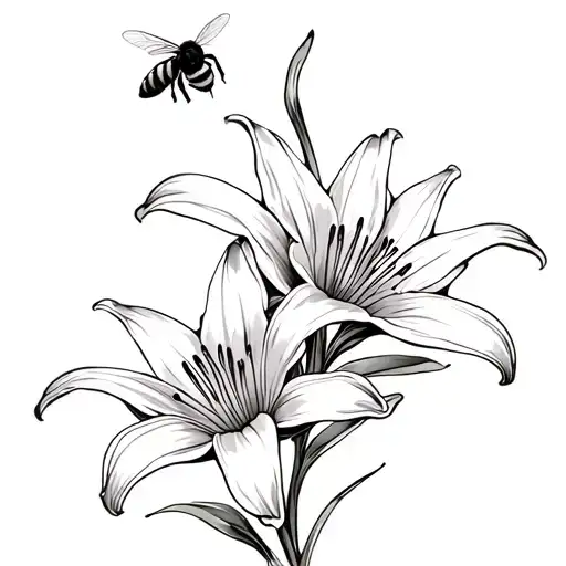 2 Lily Flowers With A Bee Flying Above It
