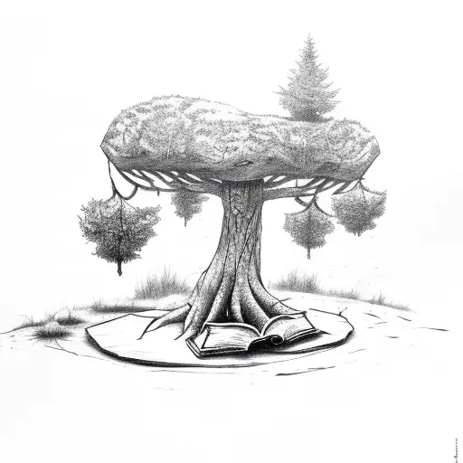 A Mystical Forest Scene With A Book Open On A Tree Stump