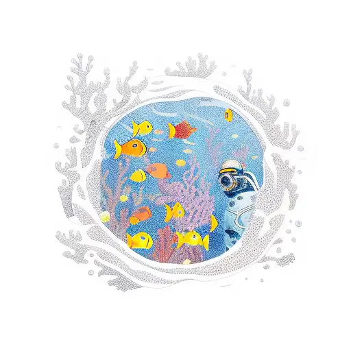 A Diver Surrounded By A School Of Colorful Fish In A Cave