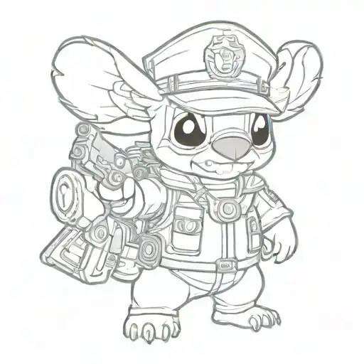 Stitch In A Police Uniform Holding A Gun