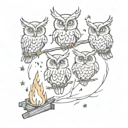 A Sketch Style Tattoo Of A Group Of Owls Dancing Around A Campfire