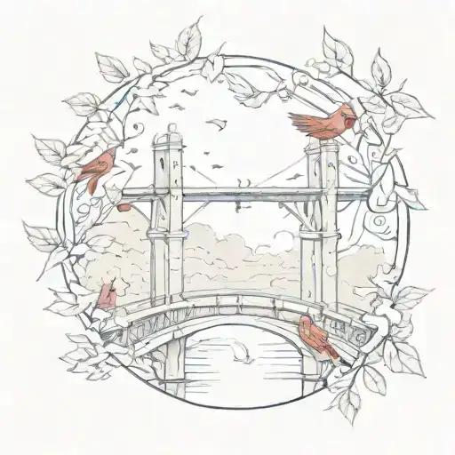 A Dainty Bridge With Cardinals Flying Over It And Whisps Of Leaves In The Air