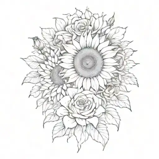 Large Sunflower Surrounded By A Rose And Chrysanthemum Flowers