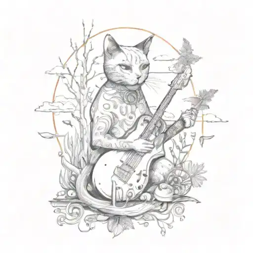 A Surreal Landscape Tattoo Featuring A Cat Surrounded By Earthy Elements And Musical Instruments