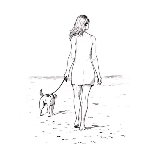 A Woman Walking A Dog On The Beach