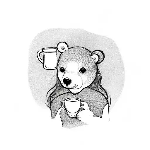 Small Girl Bear Drinking Coffee From A Mug