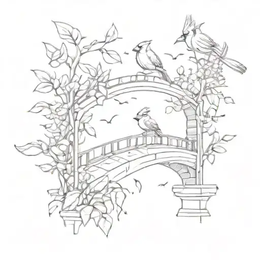 A Small Dainty Bridge With Cardinals Flying Over It And Whisps Of Leaves In The Air