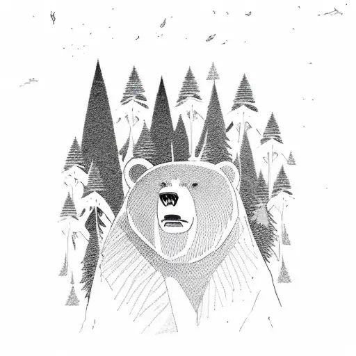 A Fierce Bear Standing Tall In The Wilderness Surrounded By Trees And Mountains In A Sketch Style