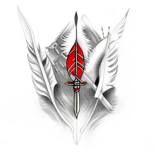 Red Tattoo Of A Dagger And A Feather Connected
