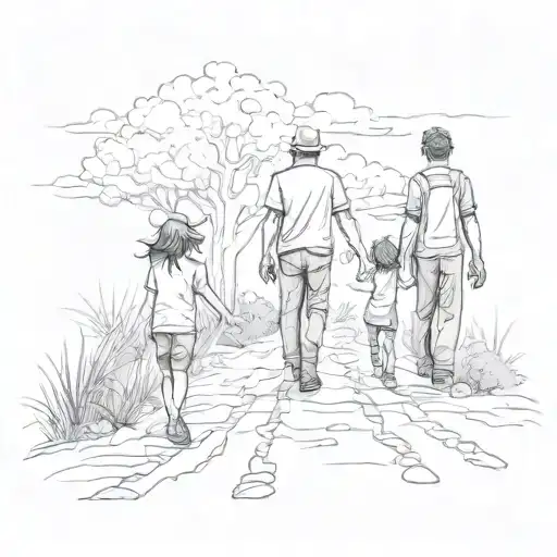 A Man And Two Children On A Dirt Path