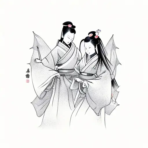Two Geisha With Dragon And Sakura