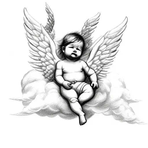Sketched Baby Cherub Angels Flying Around A Cloud-filled Sky