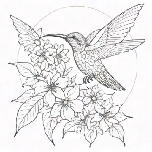 Humming Bird With Flowers And Sun