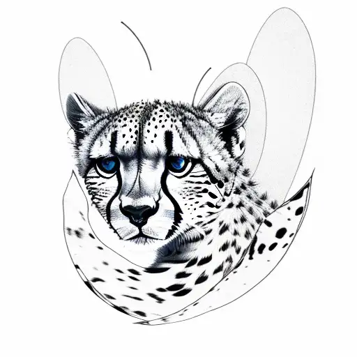 A Cheetah Leaping Over A Mountain Range With A Butterfly Perched On Its Back In A Black-grey Style