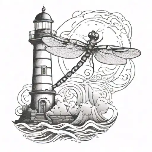 A Dotwork Tattoo Of A Dragonfly Perched On Top Of A Lighthouse With Waves Crashing Below
