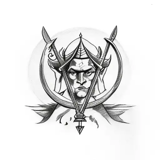 A Sketch-style Tattoo Of A Libra Holding A Pitchfork And Wearing A Devil's Crown