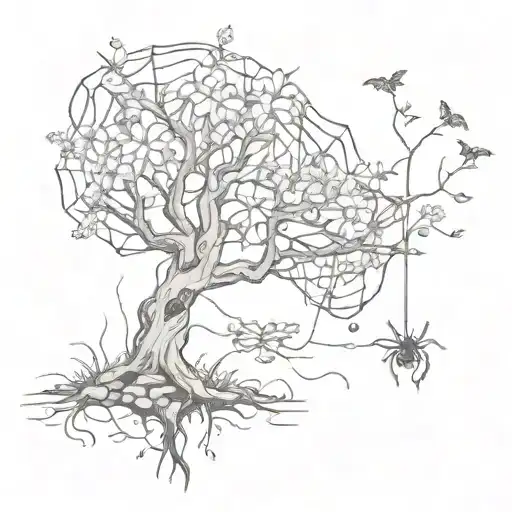 Flower Tree With Spider Webs Falling