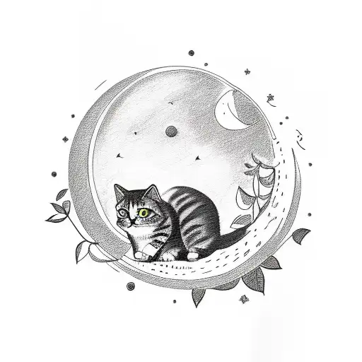 A Sketch-style Tattoo Of A Cat Sitting On A Moon With Plants Growing Around It