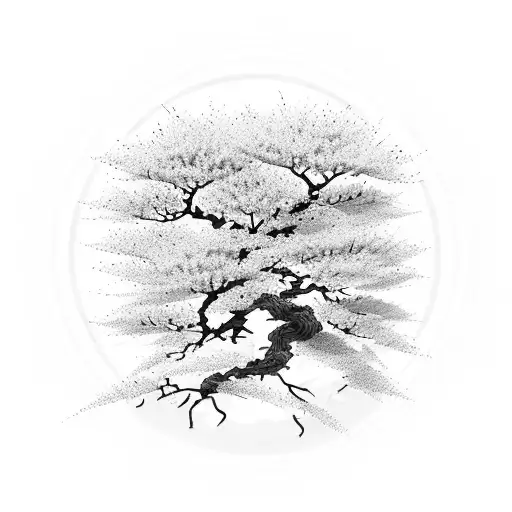 A Minimalist Ink Brush Painting Of A Sakura Tree With Kaizen Symbol Hidden In The Branches