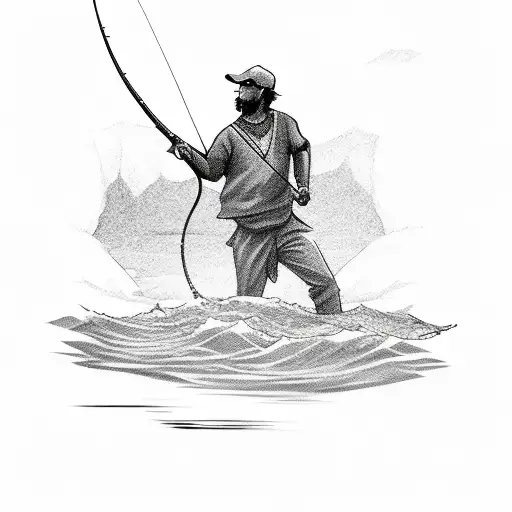 A Sketch-style Silhouette Of A Fisherman Casting A Line Into A Flowing River