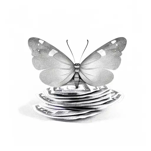 A Sketch Of A Money Butterfly Resting On A Stack Of Cash
