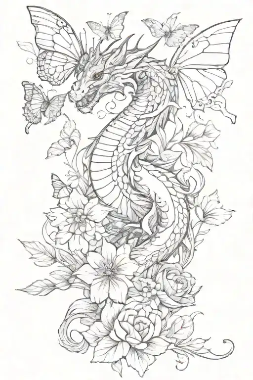 Red Dragon In A Flower Bunch With Butterflies