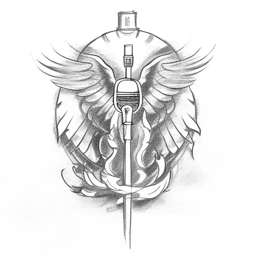 A Sketch-style Tattoo Of A Microphone With Angel Wings And A Halo
