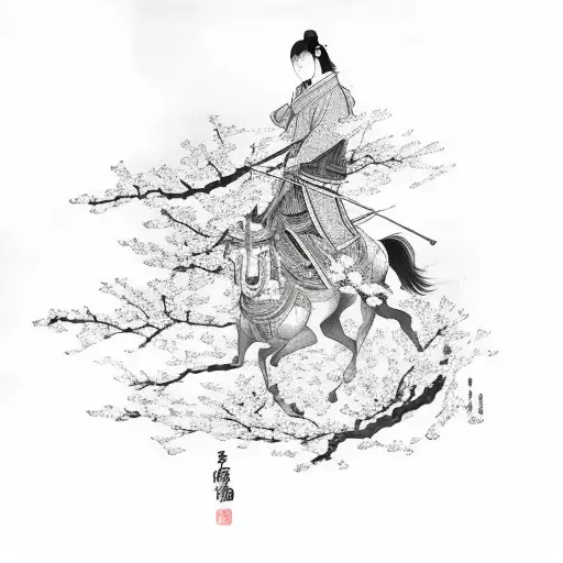Japanese God Hachiman Riding Horse Holding Bow In Front Of Cherry Blossom Tree