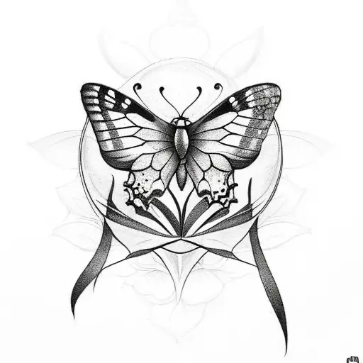 Straight Tattoo Of A Butterfly With Flowers And A Little Moon And A Little Star In Black