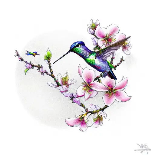 Hummingbirds And Cherry Blossom Full Color