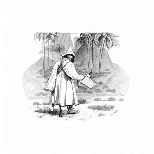 A Detailed Sketch Of A Pilgrim Walking Through A Coffee Plantation With A Map In Hand