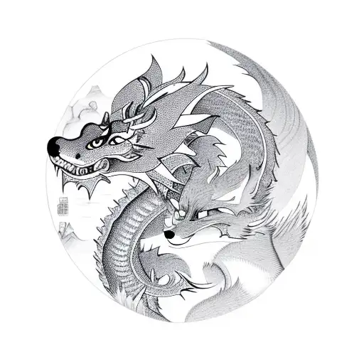 Oriental Mountains And A River Below Also A Fox And Chinese Style Dragon