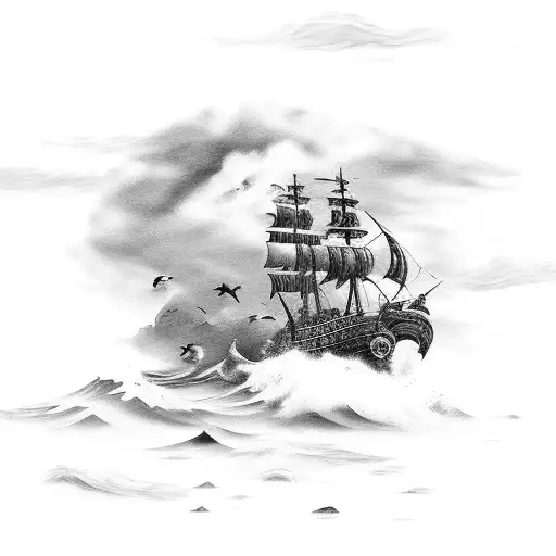 Pirate Ship In Rough Seas With Clouds And Birds In The Background