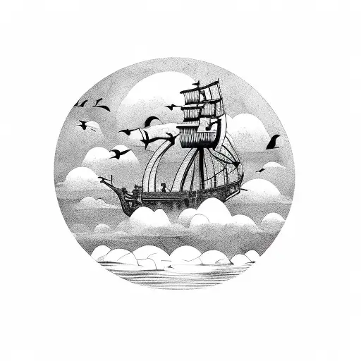 Pirate Ship With Clouds And Birds In The Background