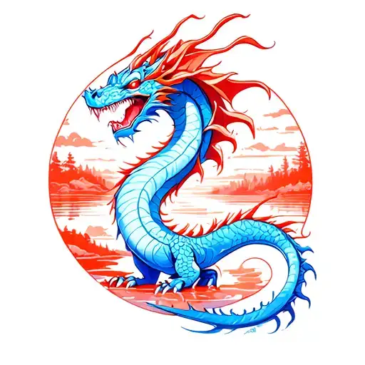 Red And Blue Dragon At Sunset