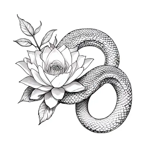 Snake With A White Rose And Water Lily Flower
