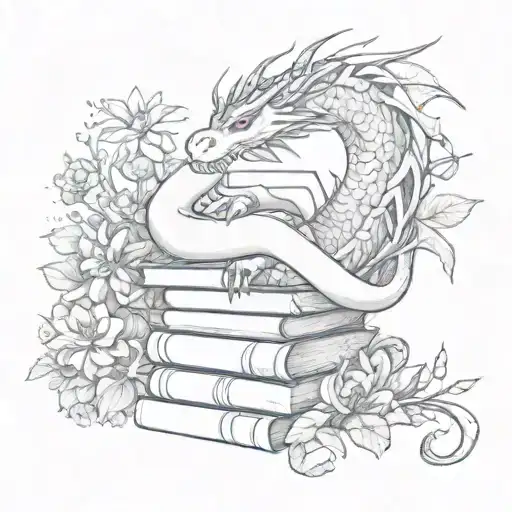 A Dragon Wrapped Around A Stack Of Books Surrounded By Florals