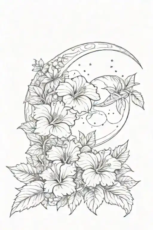 Crescent Moon Surrounded By Hibiscus Flowers