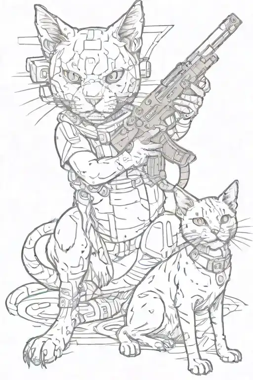 A Tattoo Featuring A Cat And A Dog Playing Call Of Duty Together In A Sketch Style