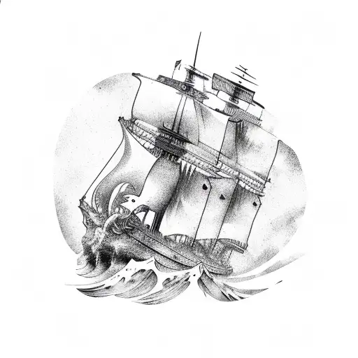 Rustic Pirate Ship With Roman Symbols On The Sails An Waves Crashing Up Against The Ship