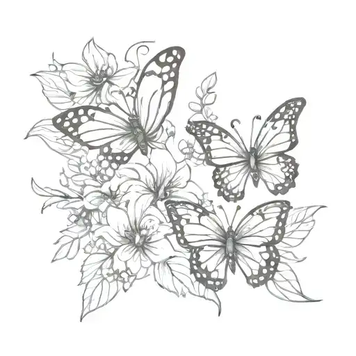 Two Butterflies In One Line With Flowers Added To The Brush