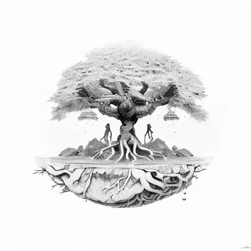 Tree Of Life Crushing Stones With Its Roots While Reaching The Depths