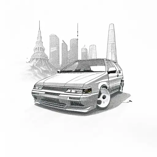 A Detailed Illustration Of A 1993 Nissan Pulsar N14 Hatchback Surrounded By Travel Landmarks