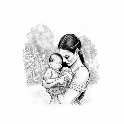 Lady Holding Baby In A Garden