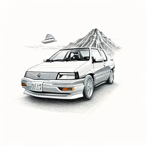 A Detailed Illustration Of A 1993 Nissan Pulsar N14 Hatchback Surrounded By Travel Landmarks
