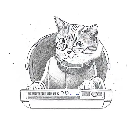 A Cat Dj Mixing Records At A Desk In A Sketch Style