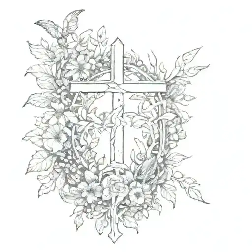 A Sketch Of A Nature Scene With Animals And Flowers Forming A Cross In The Center